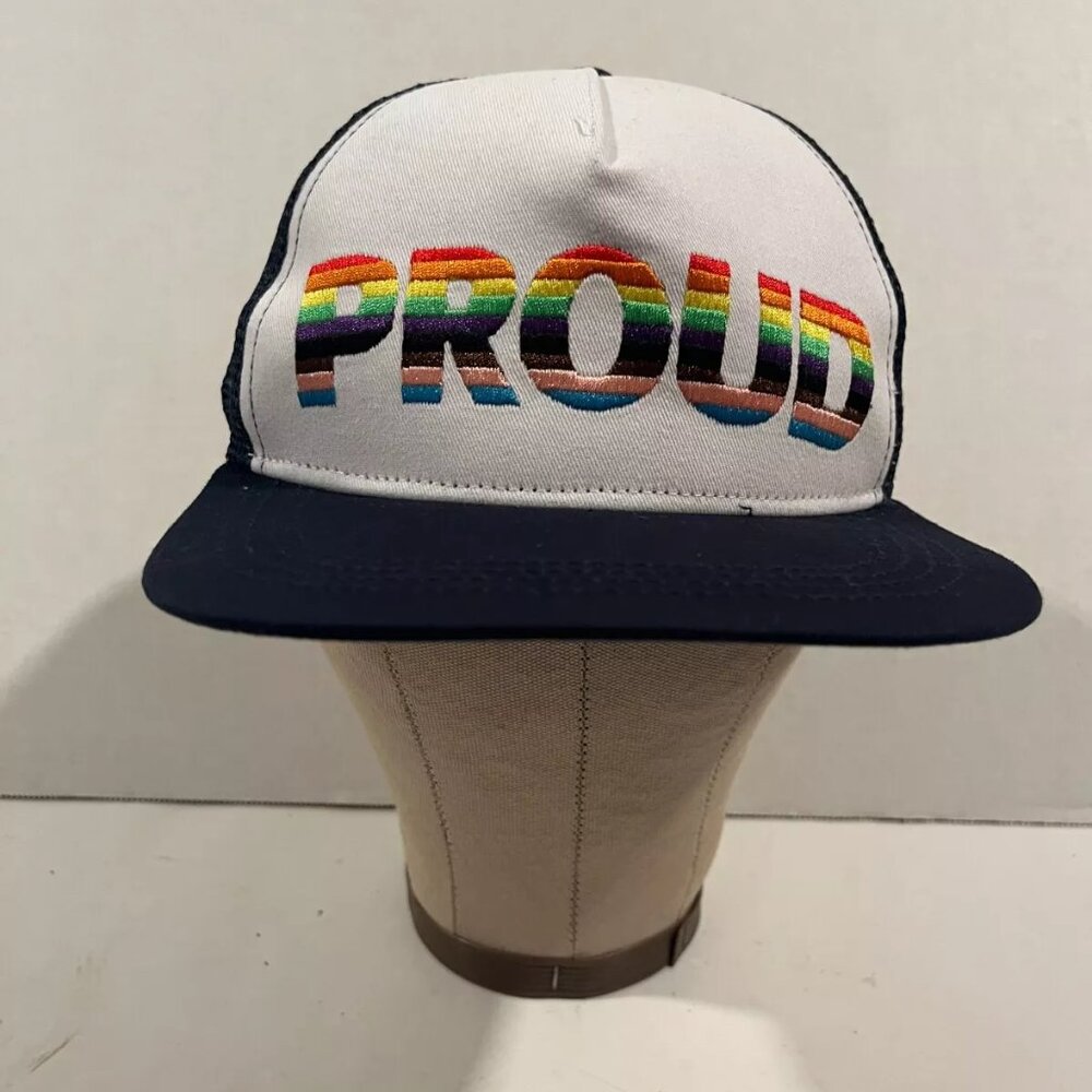"PROUD" White Navy LGBTQ Rainbow Trucker Mesh Adjustable Phluid Project NEW